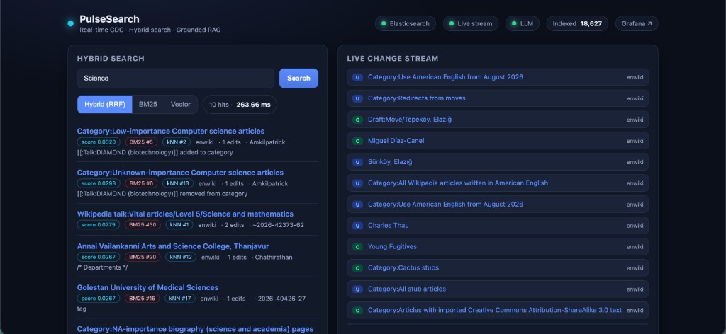 PulseSearch UI: hybrid RRF search for Science with BM25 and kNN ranks per hit, plus a live Wikimedia change stream and 18,627 indexed documents